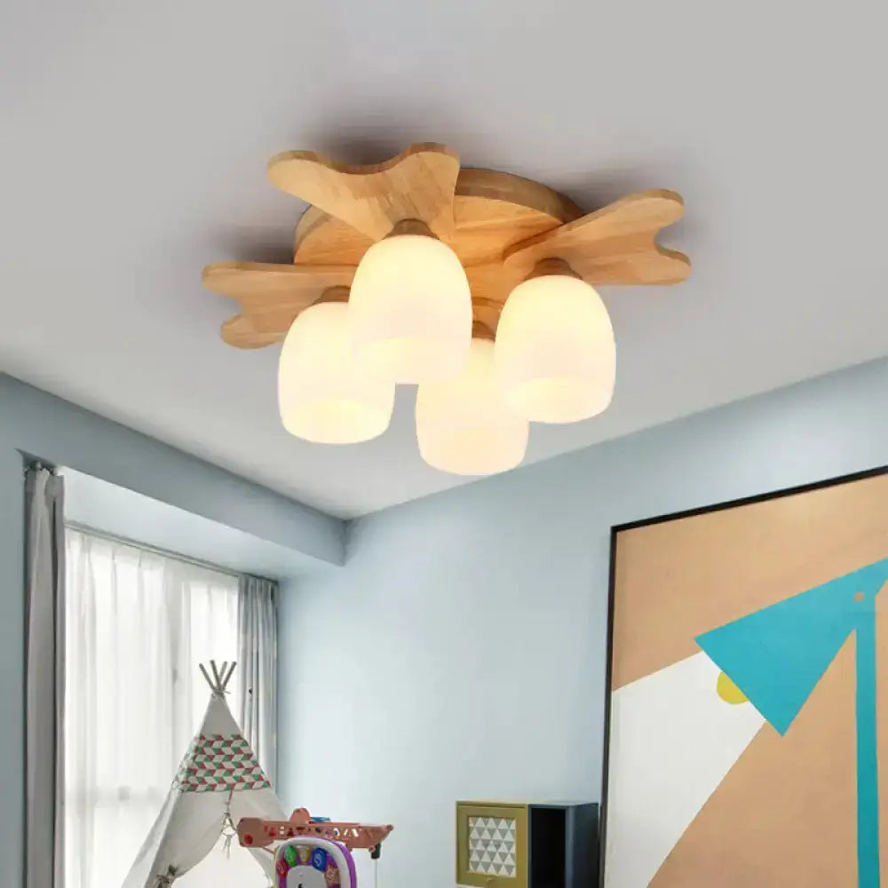DecorBites™ Nordic Cream Glass Bell Flush Ceiling Light with Antler Top and Wood Accents