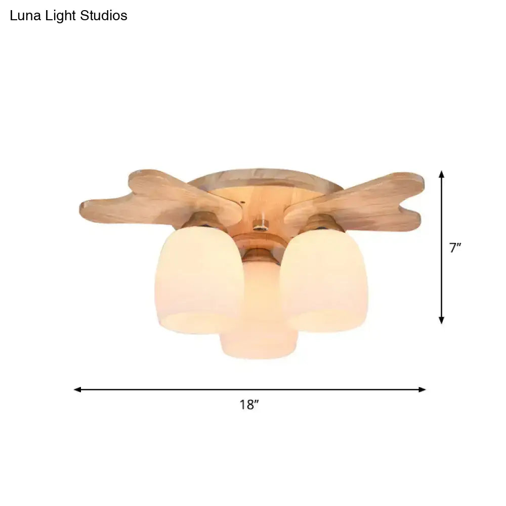 DecorBites™ Nordic Cream Glass Bell Flush Ceiling Light with Antler Top and Wood Accents