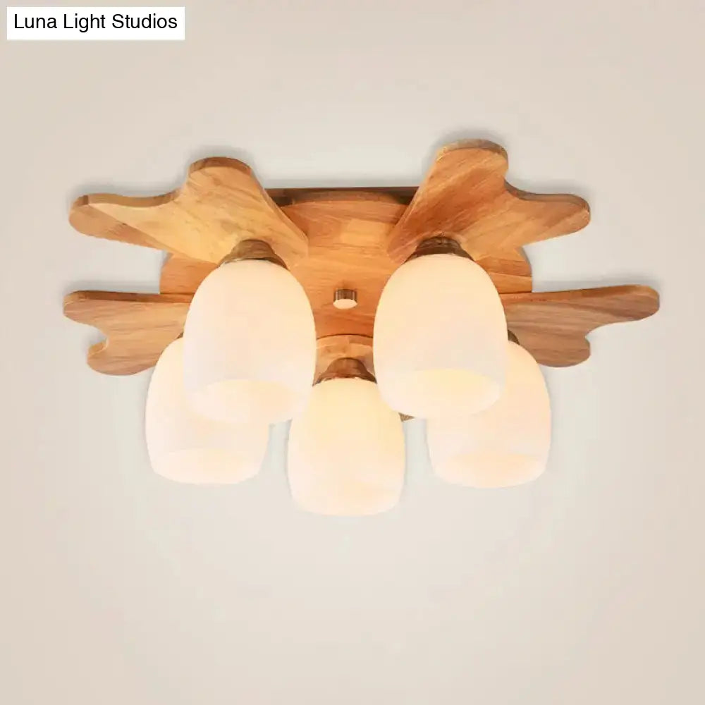 DecorBites™ Nordic Cream Glass Bell Flush Ceiling Light with Antler Top and Wood Accents