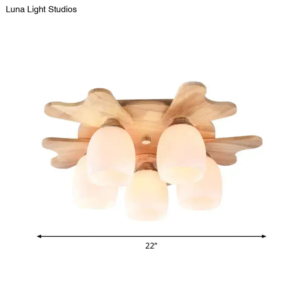 DecorBites™ Nordic Cream Glass Bell Flush Ceiling Light with Antler Top and Wood Accents