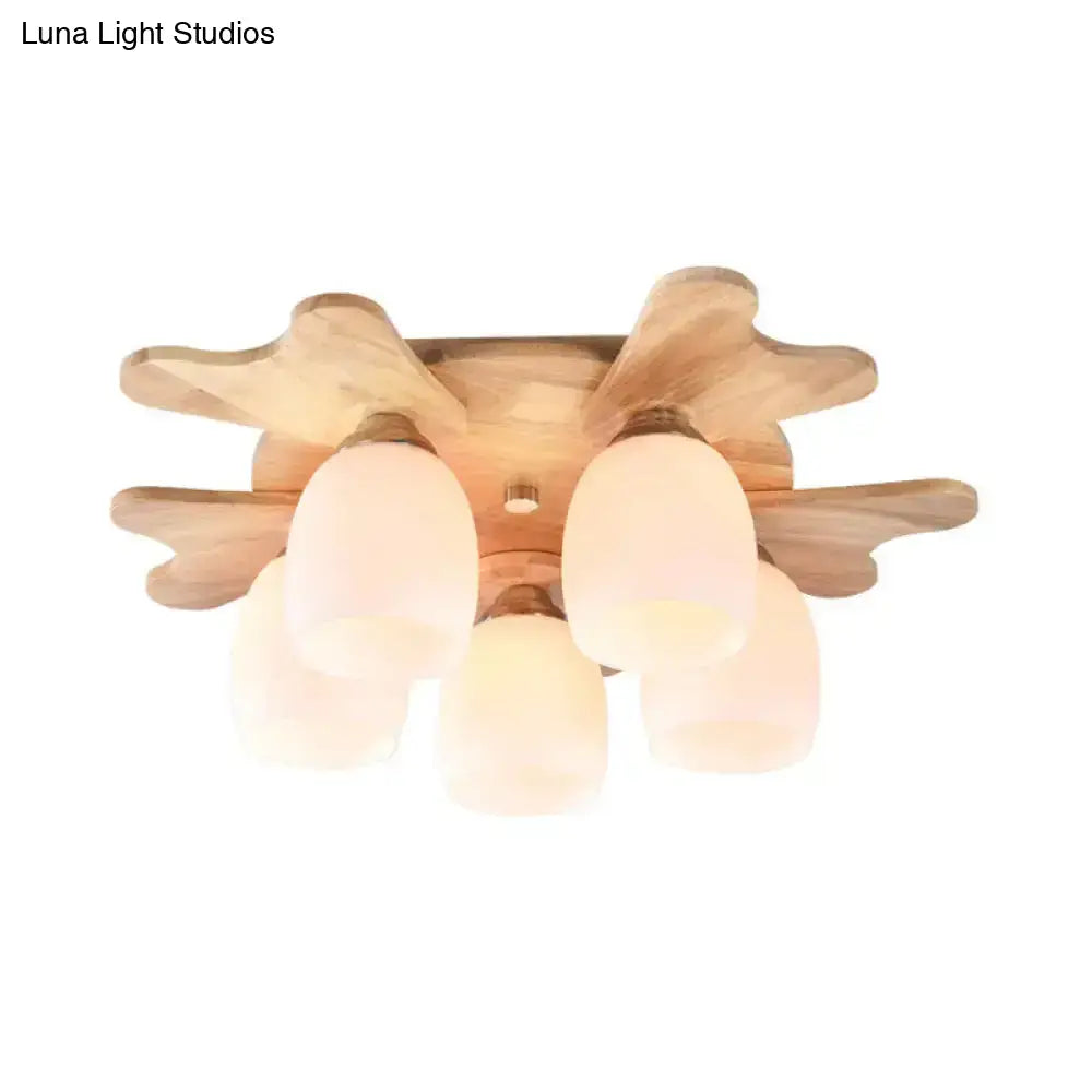 DecorBites™ Nordic Cream Glass Bell Flush Ceiling Light with Antler Top and Wood Accents