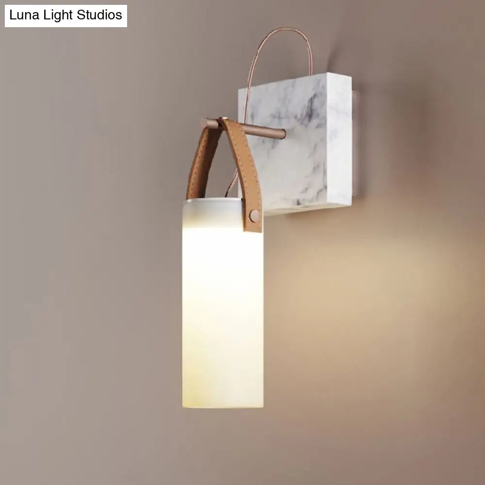 DecorBites™ Nordic LED Cylinder Wall Light – White Glass, Leather Strap