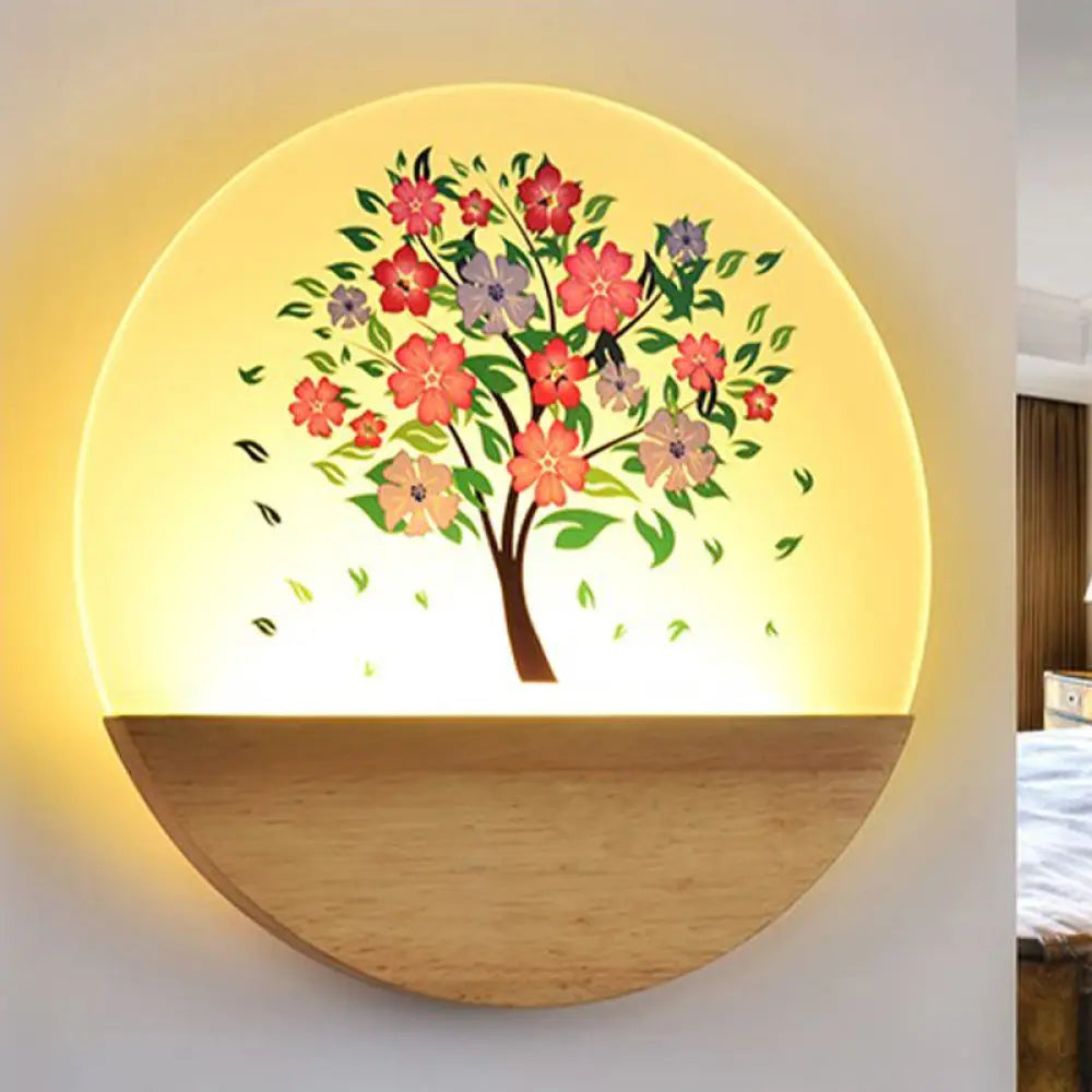 DecorBites™ Nordic LED Wall Light with Wood Tree and Animal/Flowering Tree Print Design, Acrylic Shade Included