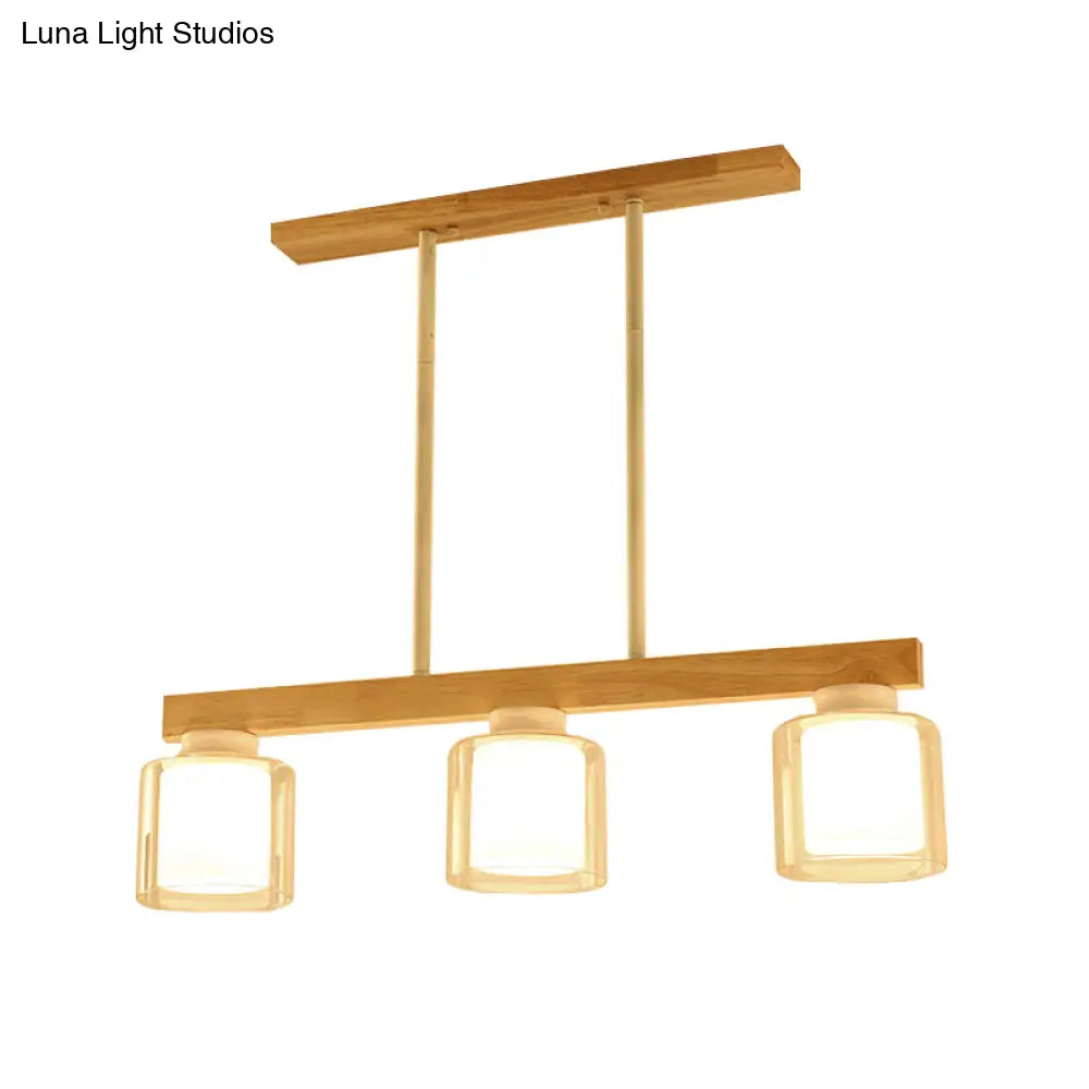 DecorBites™ Nordic Linear Wood Island Light with White Glass Shades - 3/4 Heads - Dining Room Hanging Lamp