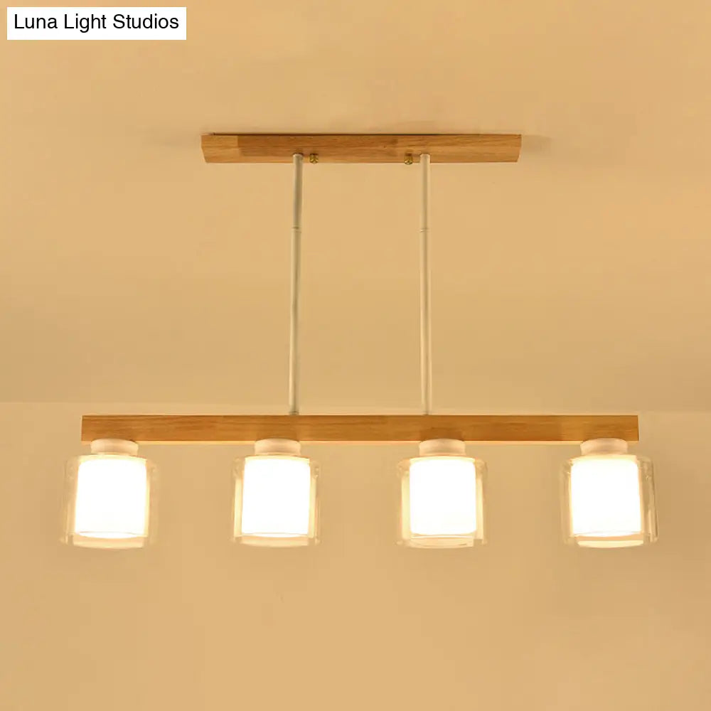 DecorBites™ Nordic Linear Wood Island Light with White Glass Shades - 3/4 Heads - Dining Room Hanging Lamp