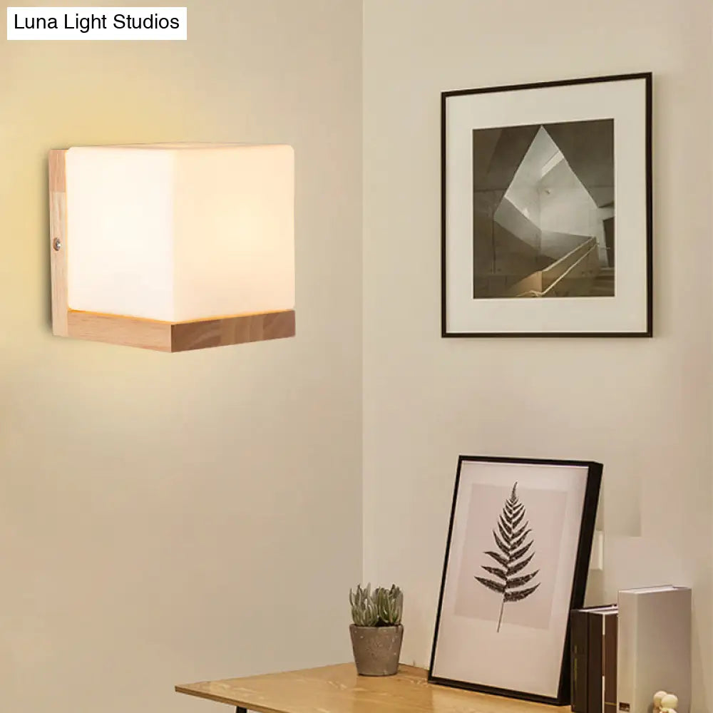 DecorBites™ Nordic Style Cube Shaped Sconce Lighting with White Glass Shade - 1-Light Bedside Wall Fixture