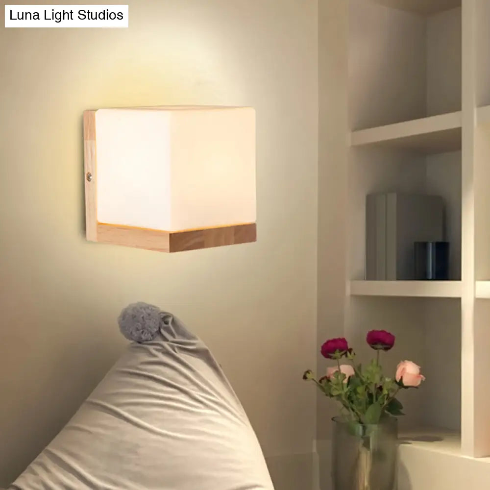 DecorBites™ Nordic Style Cube Shaped Sconce Lighting with White Glass Shade - 1-Light Bedside Wall Fixture