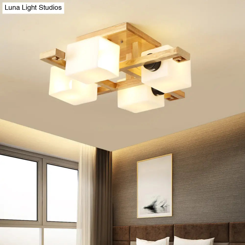 DecorBites™ Nordic Style Flush Mount Chandelier with White Glass and Wood Canopy for Living Room Lighting