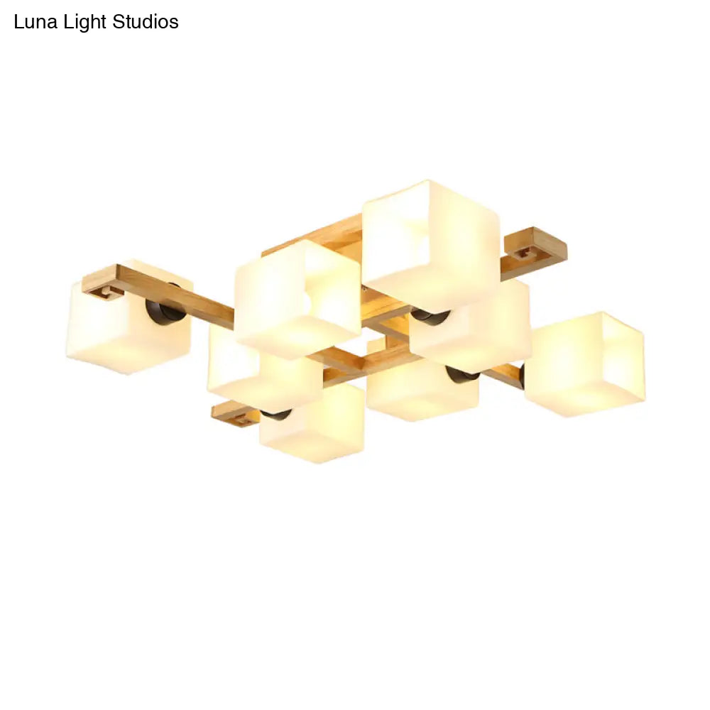 DecorBites™ Nordic Style Flush Mount Chandelier with White Glass and Wood Canopy for Living Room Lighting