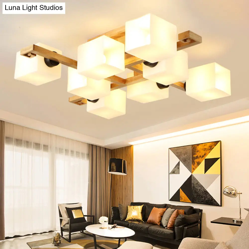 DecorBites™ Nordic Style Flush Mount Chandelier with White Glass and Wood Canopy for Living Room Lighting