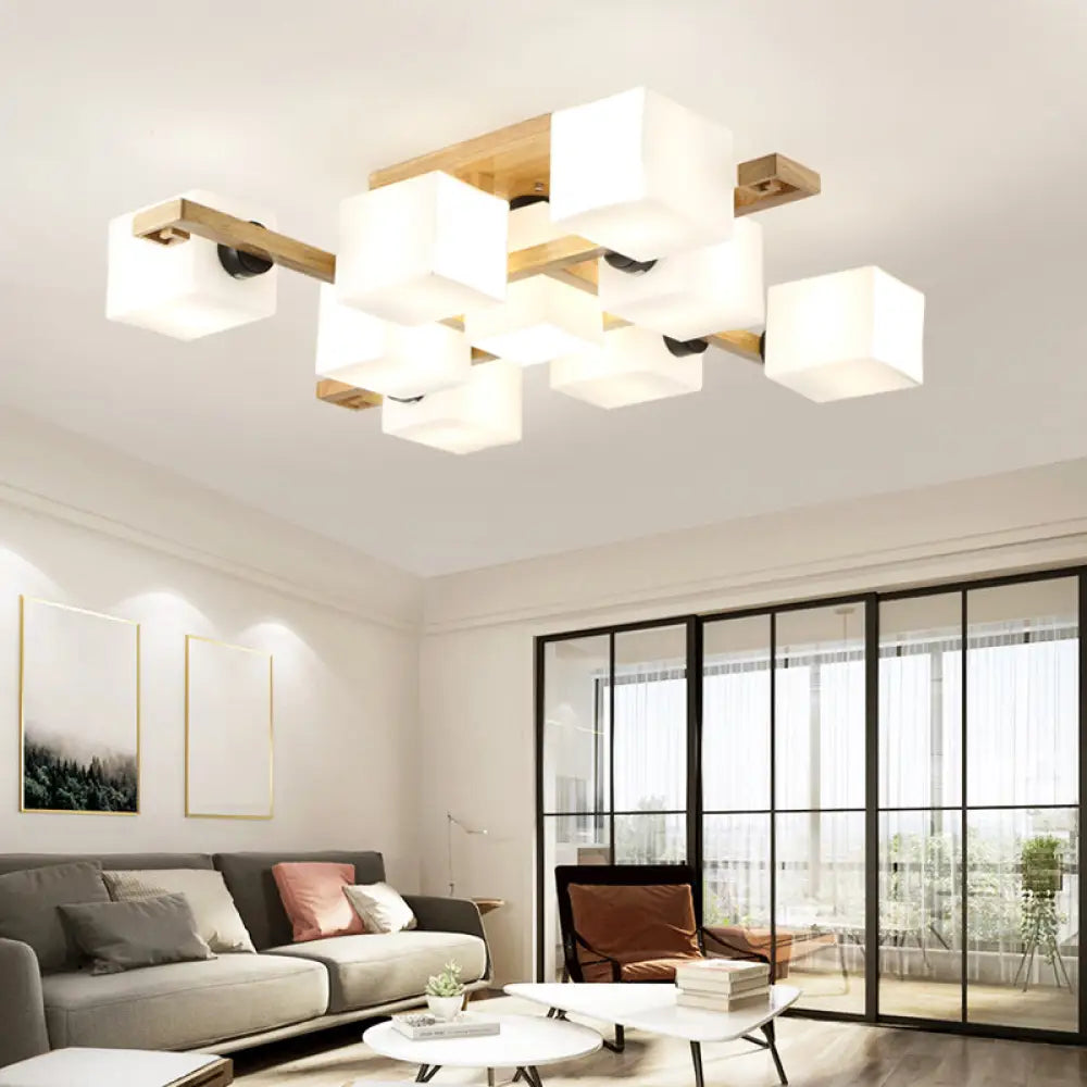 DecorBites™ Nordic Style Flush Mount Chandelier with White Glass and Wood Canopy for Living Room Lighting