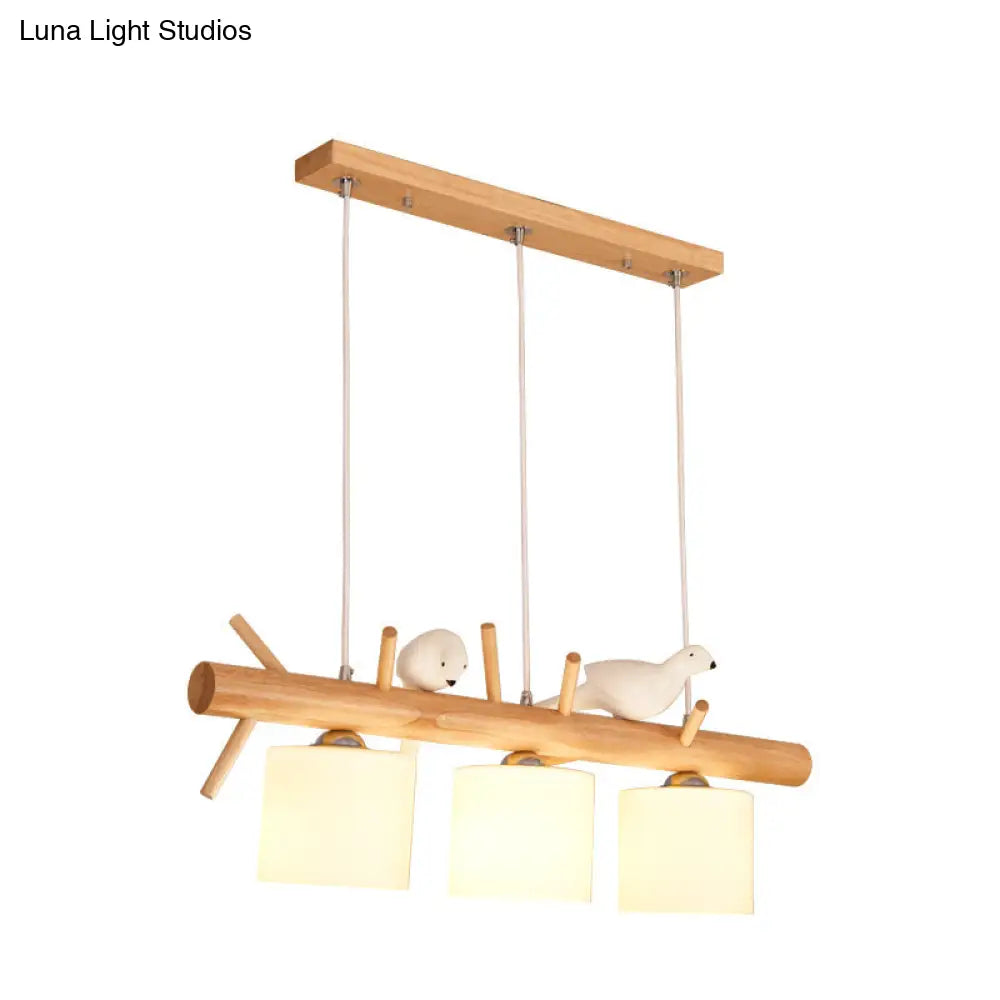 DecorBites™ Nordic Wood Pendant Light with Opal Glass Cylinder and Resin Bird Decor