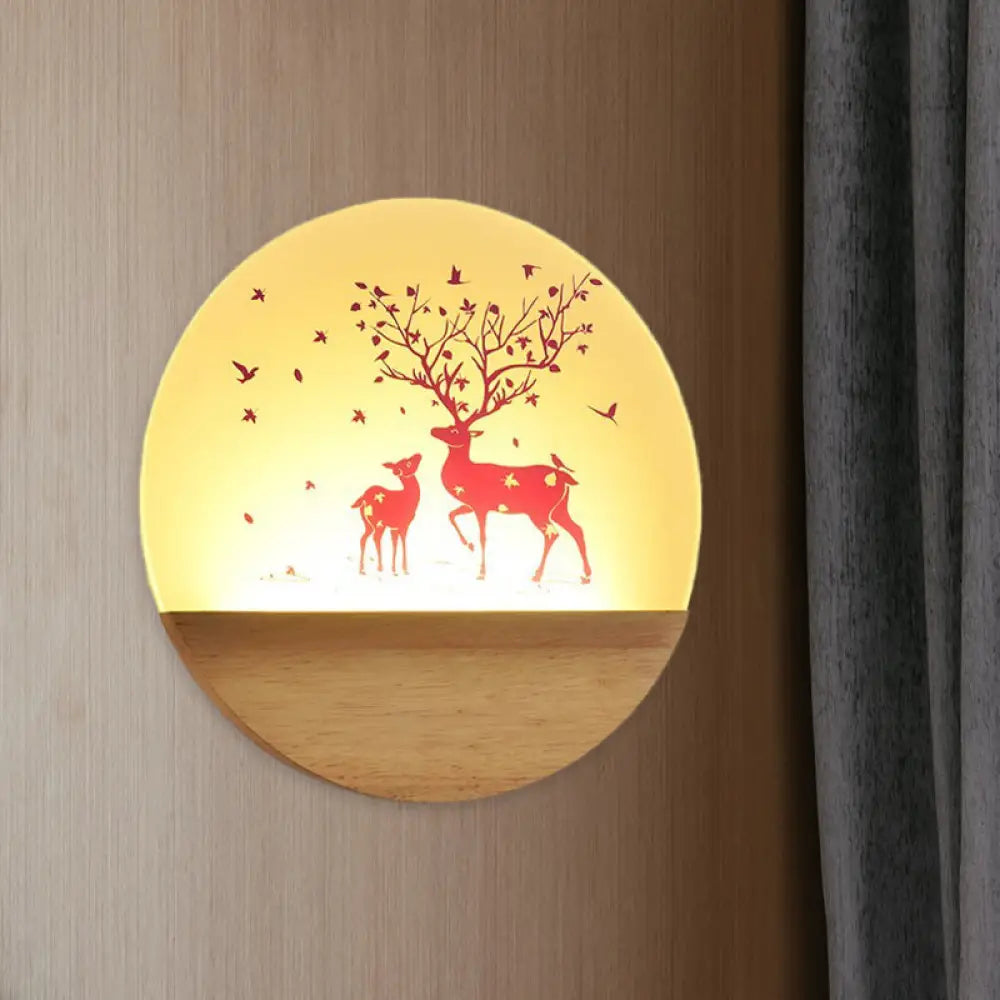 DecorBites™ Nordic Wood Sconce with LED Mural Light, Deer/Bird Patterned Acrylic Shade - Ideal for Bedroom Wall Mount