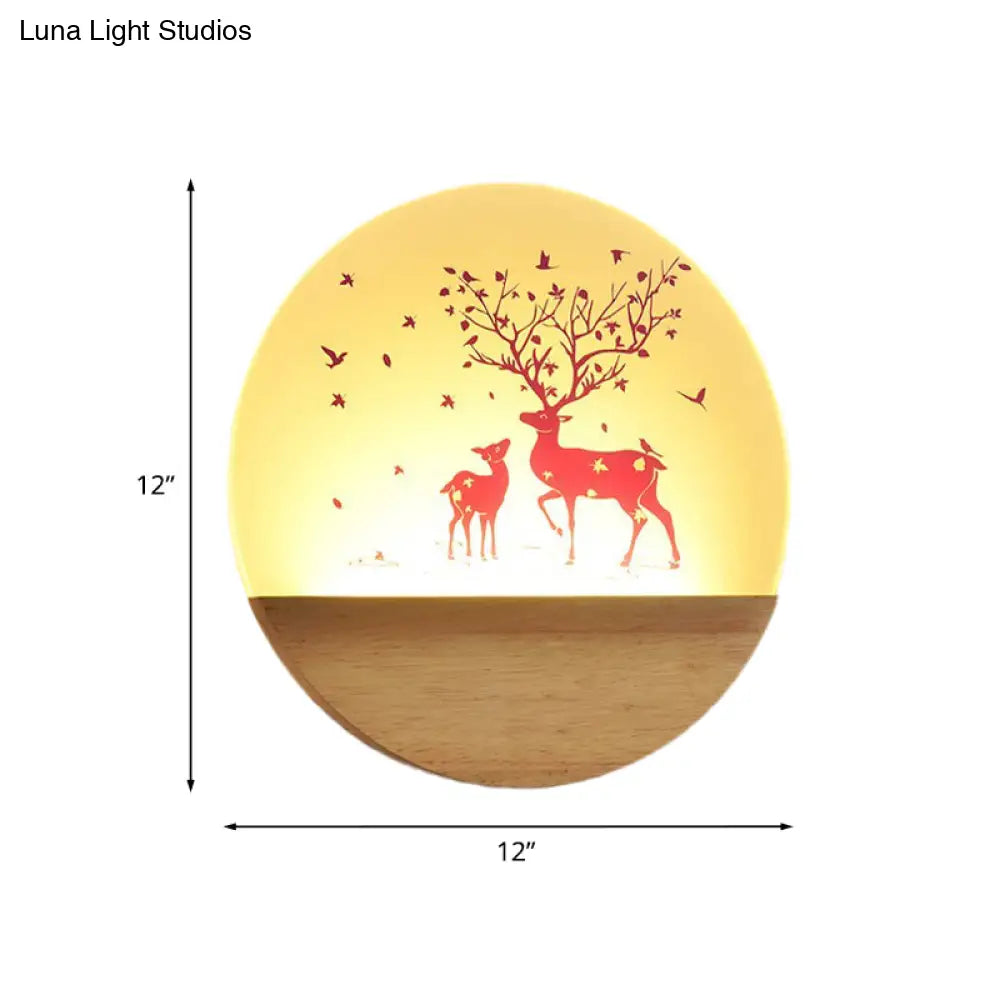 DecorBites™ Nordic Wood Sconce with LED Mural Light, Deer/Bird Patterned Acrylic Shade - Ideal for Bedroom Wall Mount