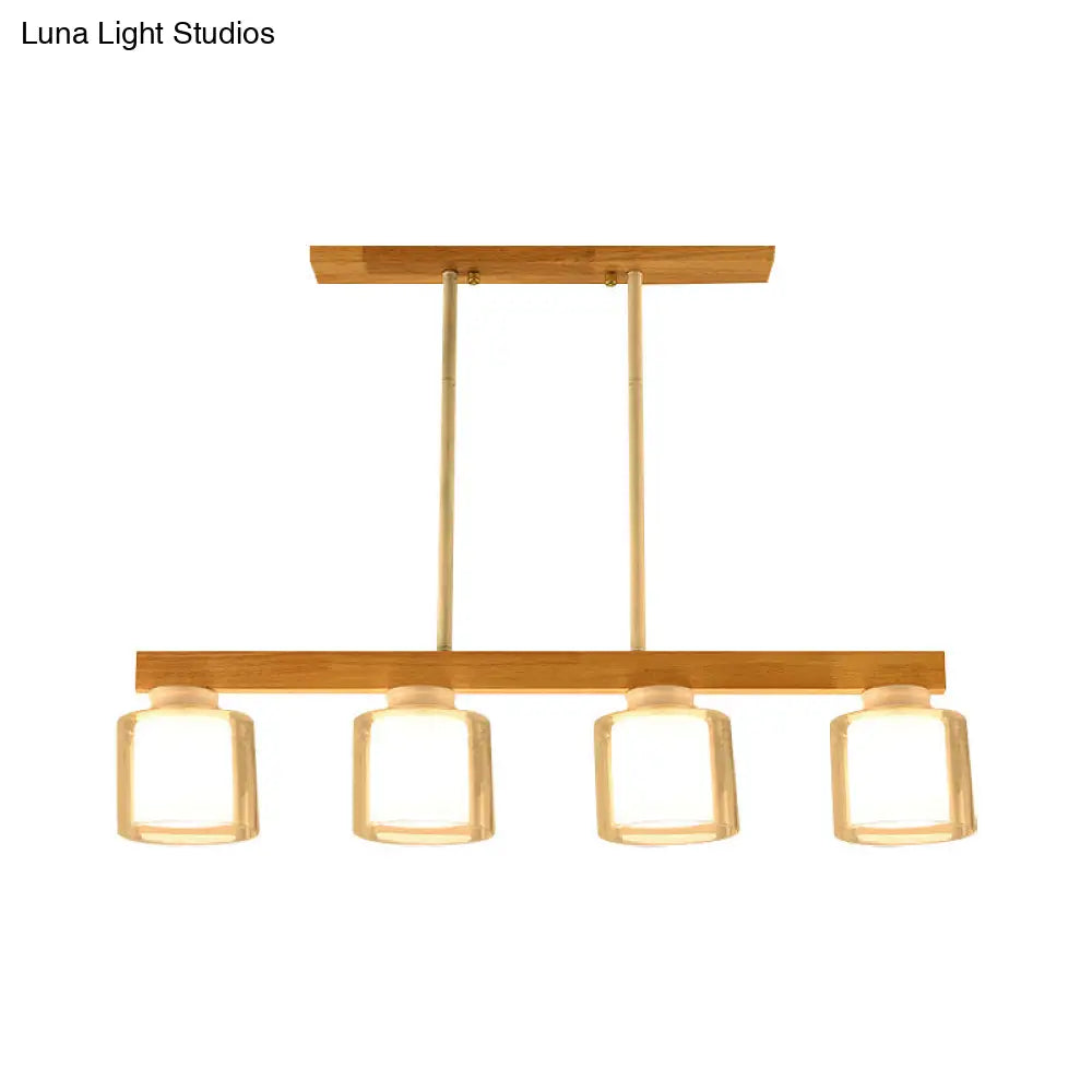 DecorBites™ Nordic Wooden Linear Pendant with Double Glass Cylinder Shades for Restaurant Island Lighting (3/4-Head, White)