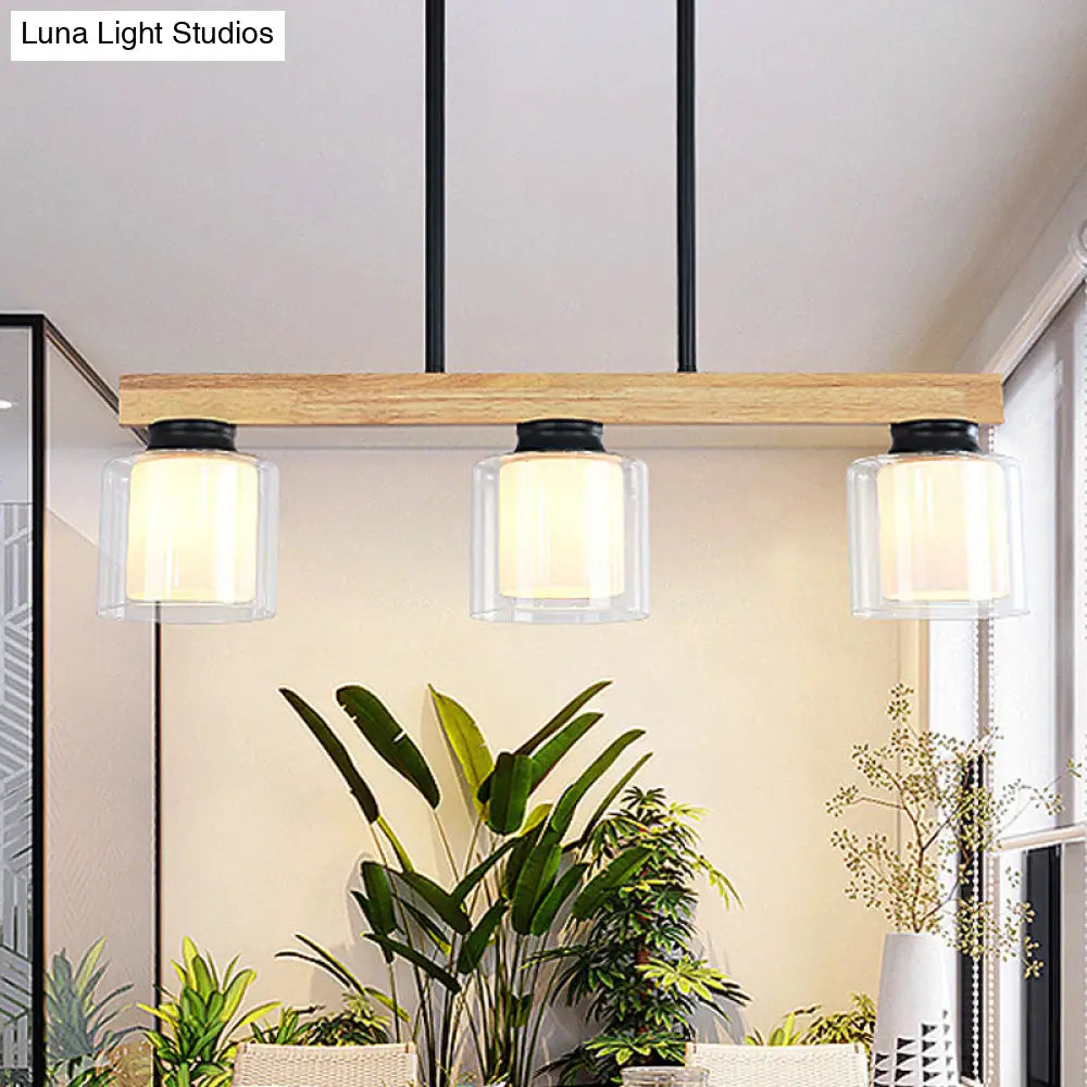 DecorBites™ Nordic Wooden Linear Pendant with Double Glass Cylinder Shades for Restaurant Island Lighting (3/4-Head, White)