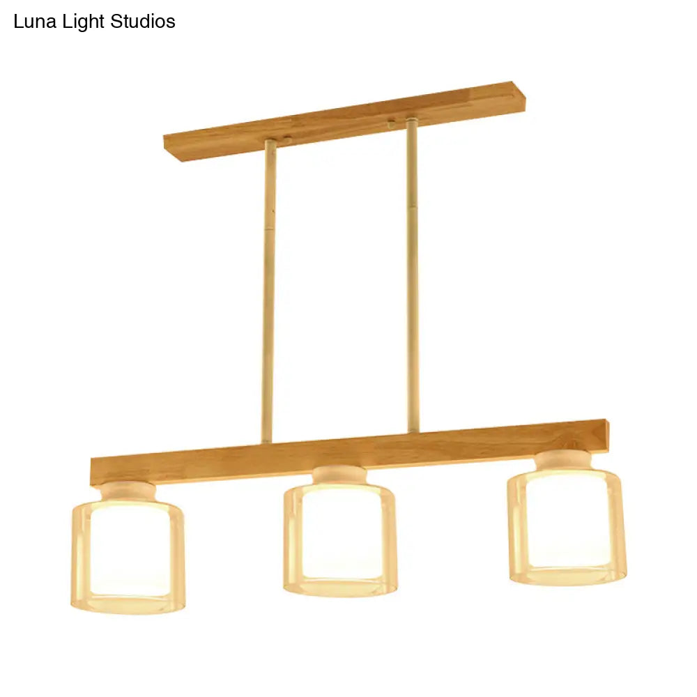 DecorBites™ Nordic Wooden Linear Pendant with Double Glass Cylinder Shades for Restaurant Island Lighting (3/4-Head, White)