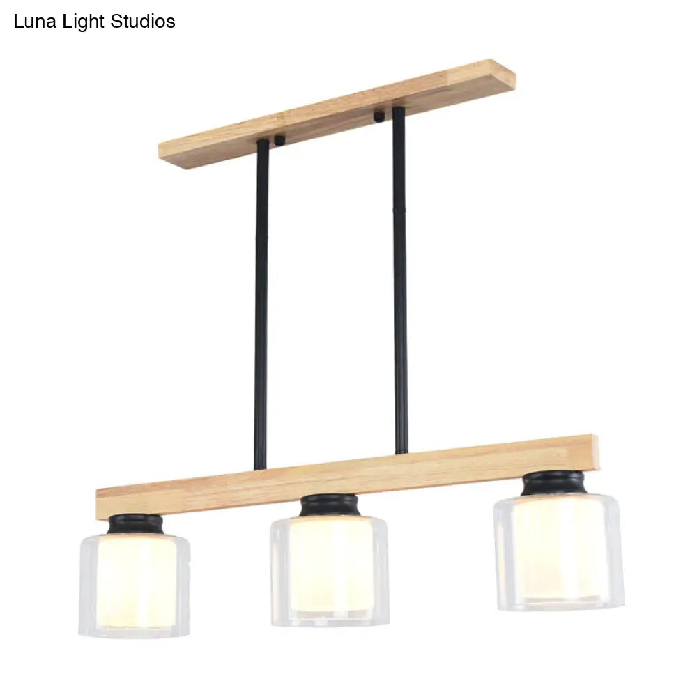 DecorBites™ Nordic Wooden Linear Pendant with Double Glass Cylinder Shades for Restaurant Island Lighting (3/4-Head, White)