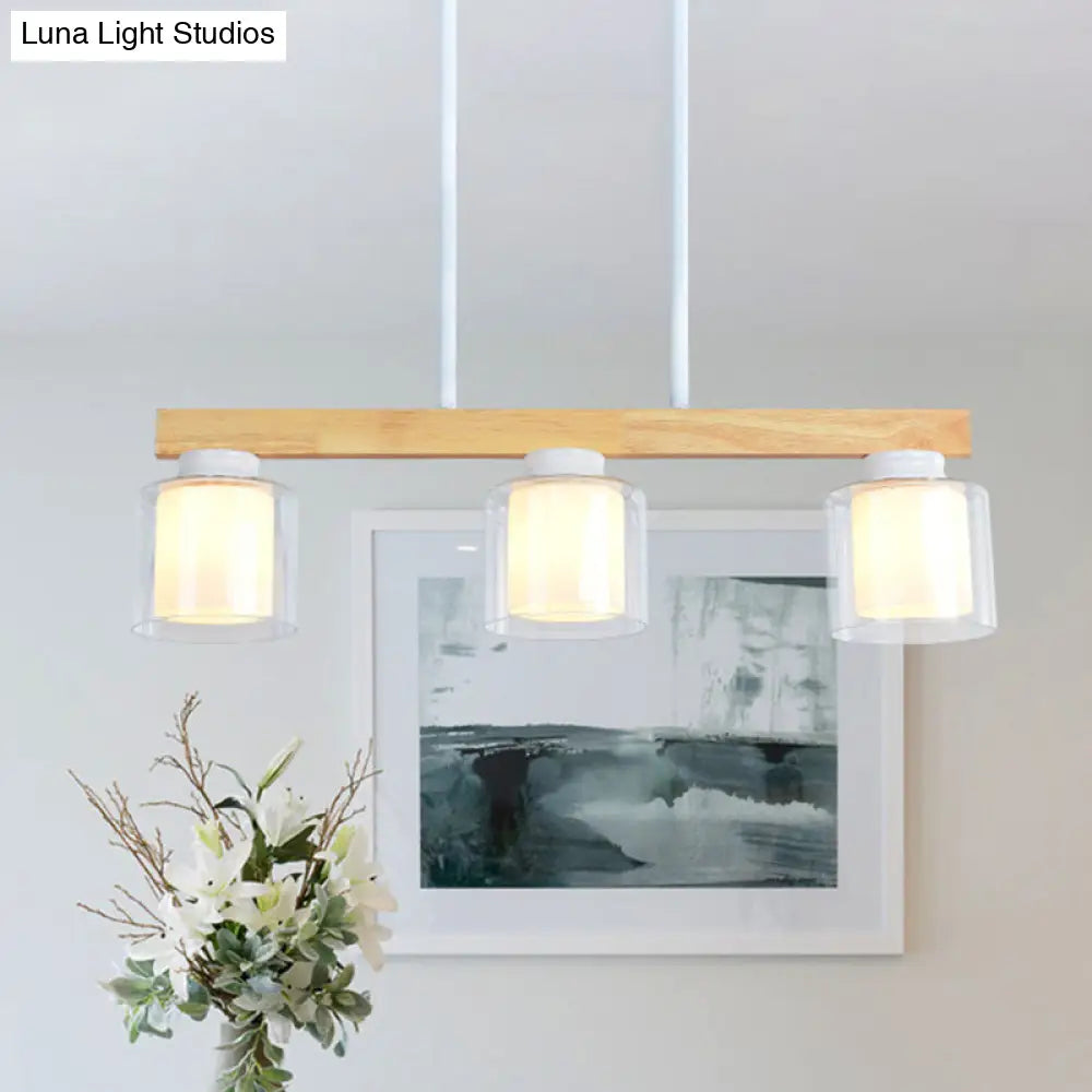 DecorBites™ Nordic Wooden Linear Pendant with Double Glass Cylinder Shades for Restaurant Island Lighting (3/4-Head, White)