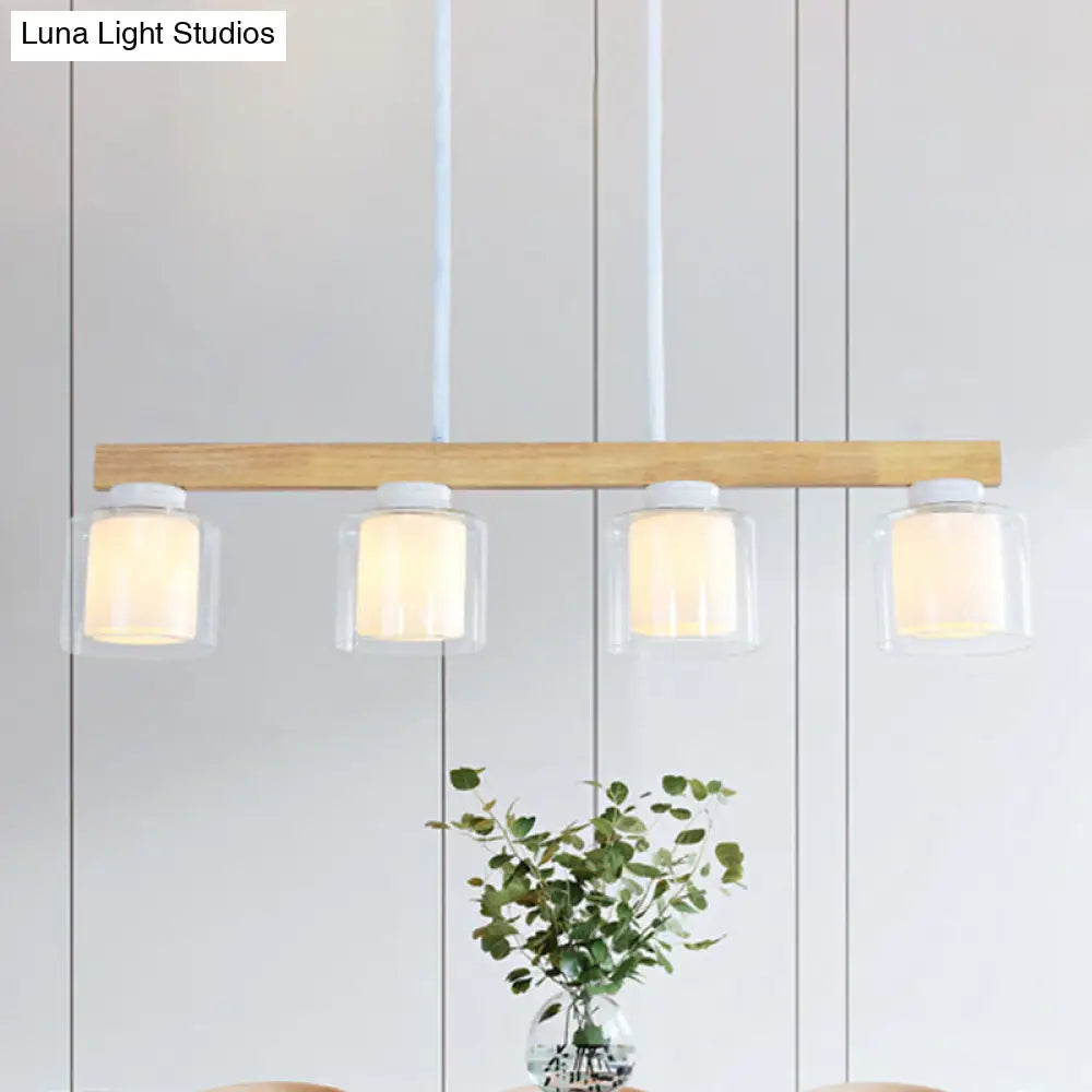 DecorBites™ Nordic Wooden Linear Pendant with Double Glass Cylinder Shades for Restaurant Island Lighting (3/4-Head, White)