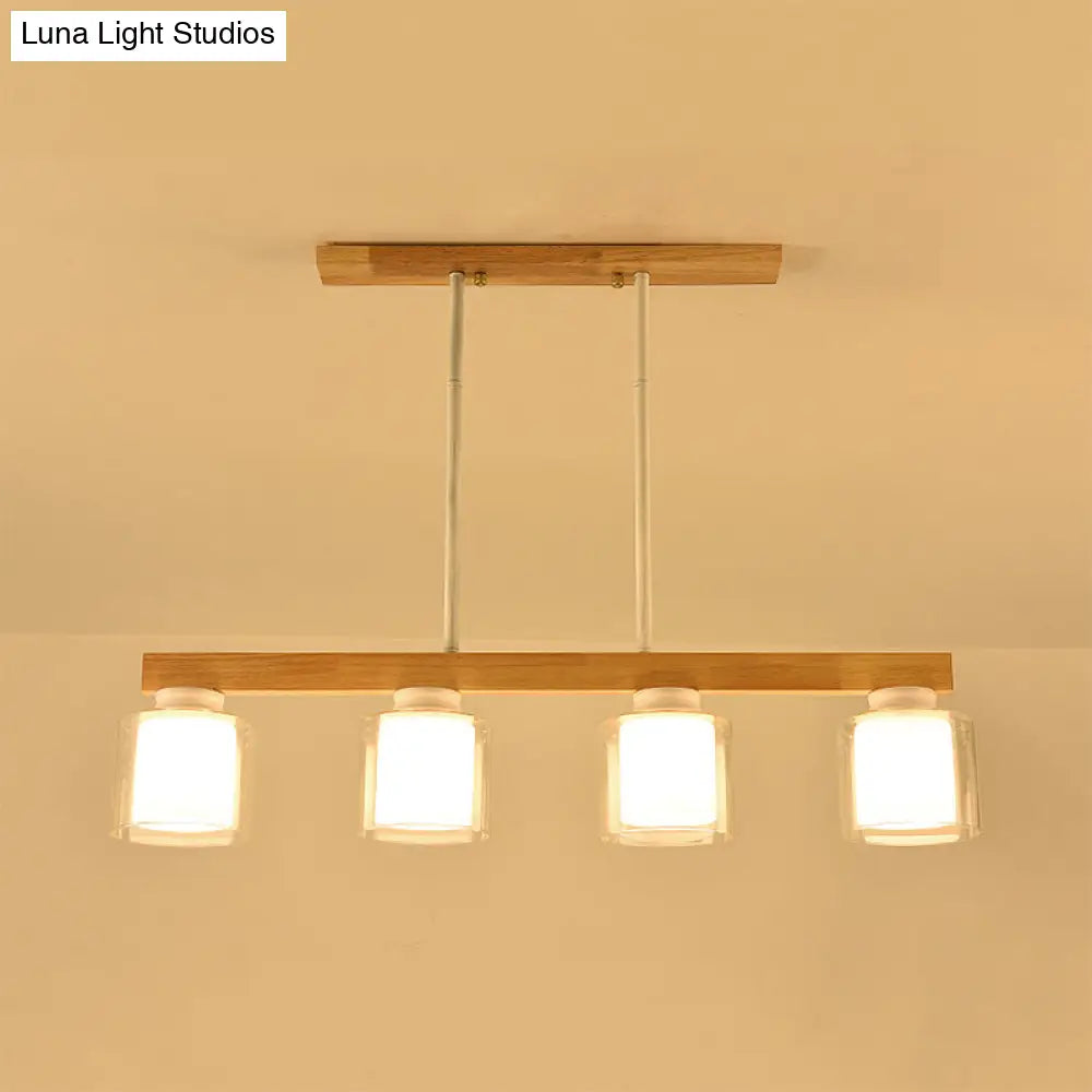 DecorBites™ Nordic Wooden Linear Pendant with Double Glass Cylinder Shades for Restaurant Island Lighting (3/4-Head, White)