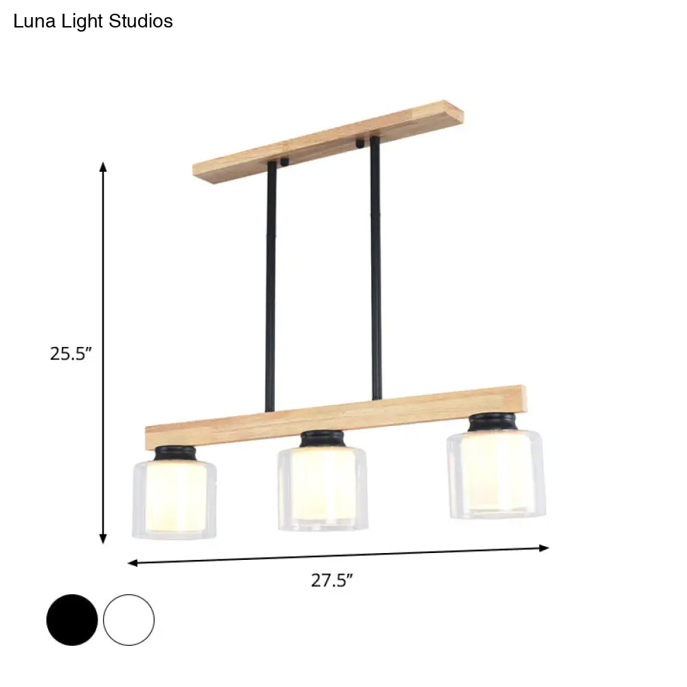 DecorBites™ Nordic Wooden Linear Pendant with Double Glass Cylinder Shades for Restaurant Island Lighting (3/4-Head, White)