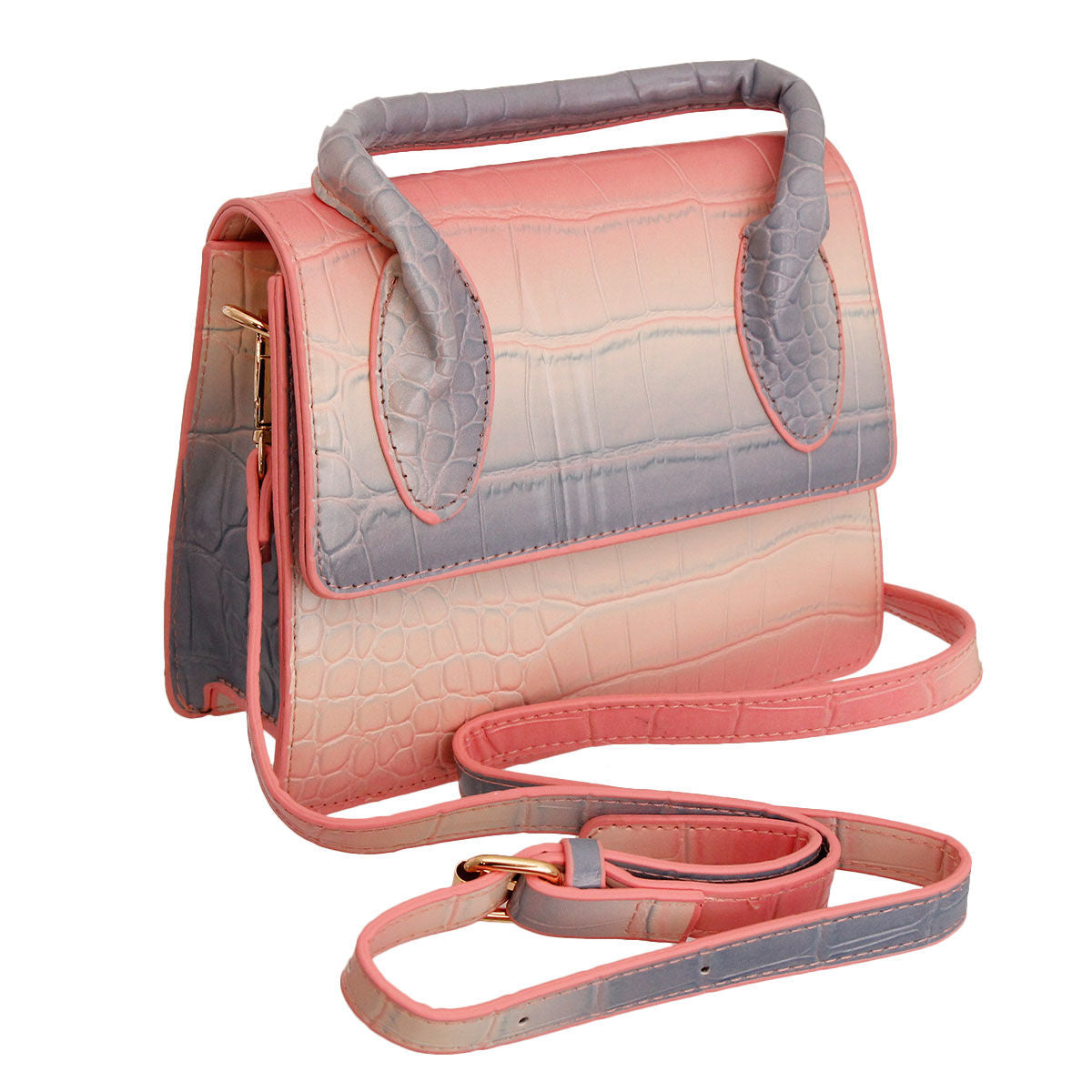 Fashion Handbag Pink Croc Flap Satchel Stylish Chic Accessory