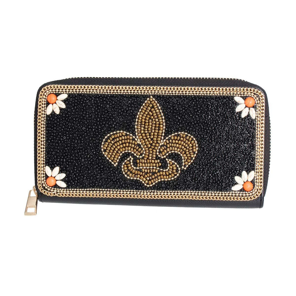 Beaded Wallet Black Fleur de Lis Stylish Fashion Accessory