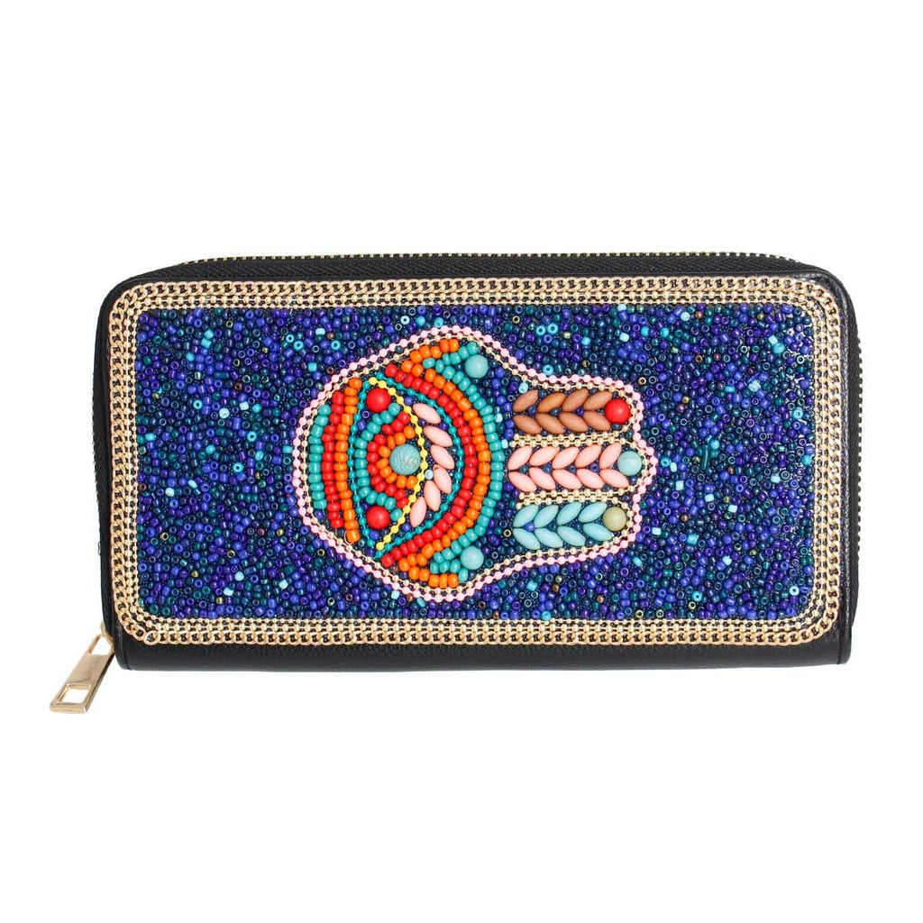 Beaded Wallet with Blue Hamsa Charm – Stylish Fashion Accessory