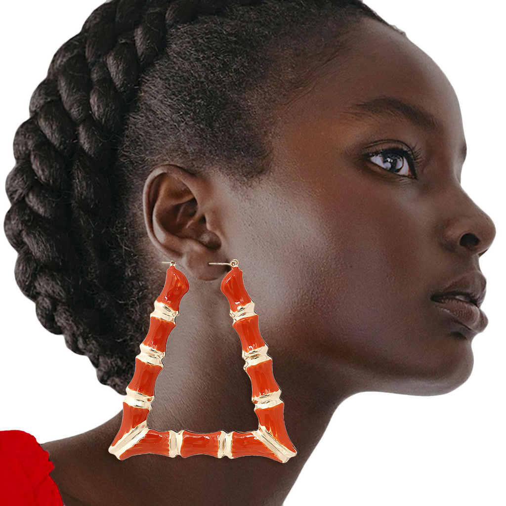 Statement Orange Trapezoid Bamboo Hoop Earrings Stylish Chic Accessory
