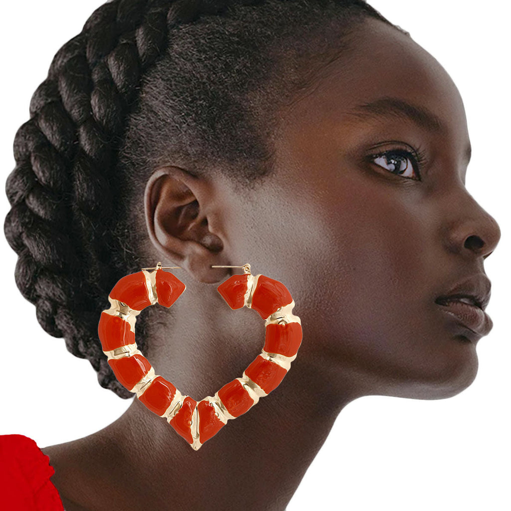 Statement Bamboo Hoop Earrings with Orange Heart Accent
