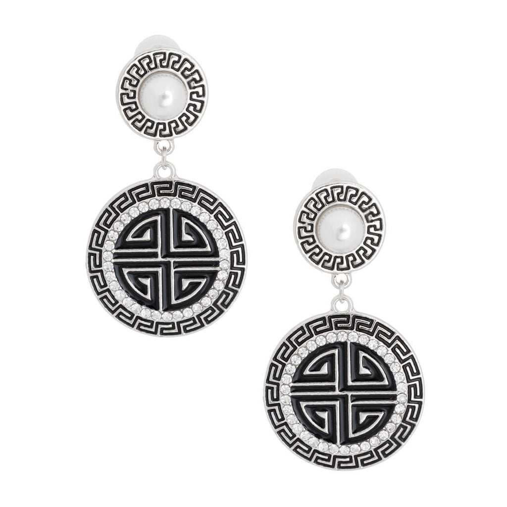 Round Greek Key Charm Earrings Silver Black Stylish Statement Jewelry