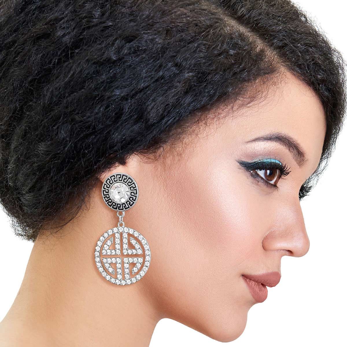 Round Silver Crystal Greek Key Earrings Stylish Statement Jewelry
