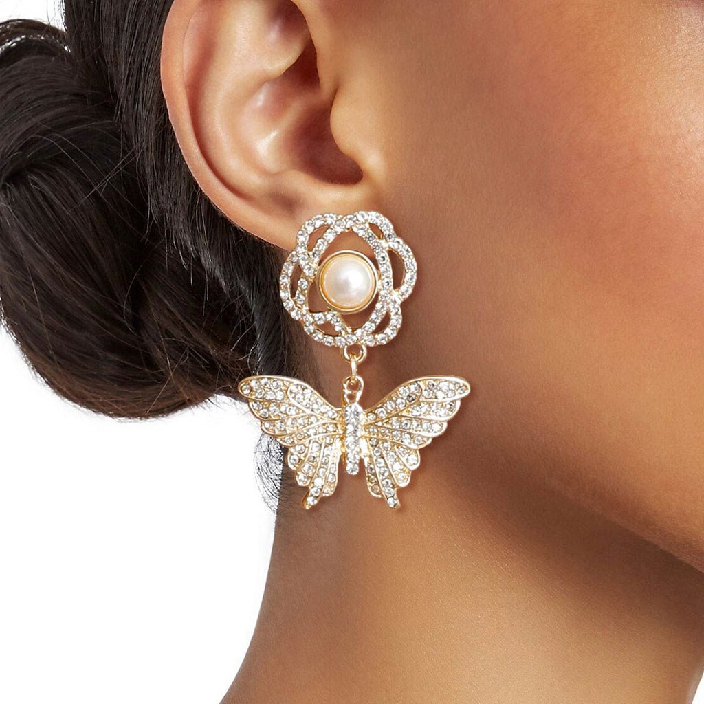 Butterfly Rhinestone Earrings Gold Stylish Statement Jewelry