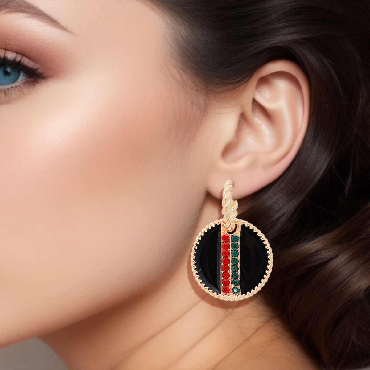 Twisted Gold Hoop Earrings with Black Stripe Charm – Stylish Statement Jewelry