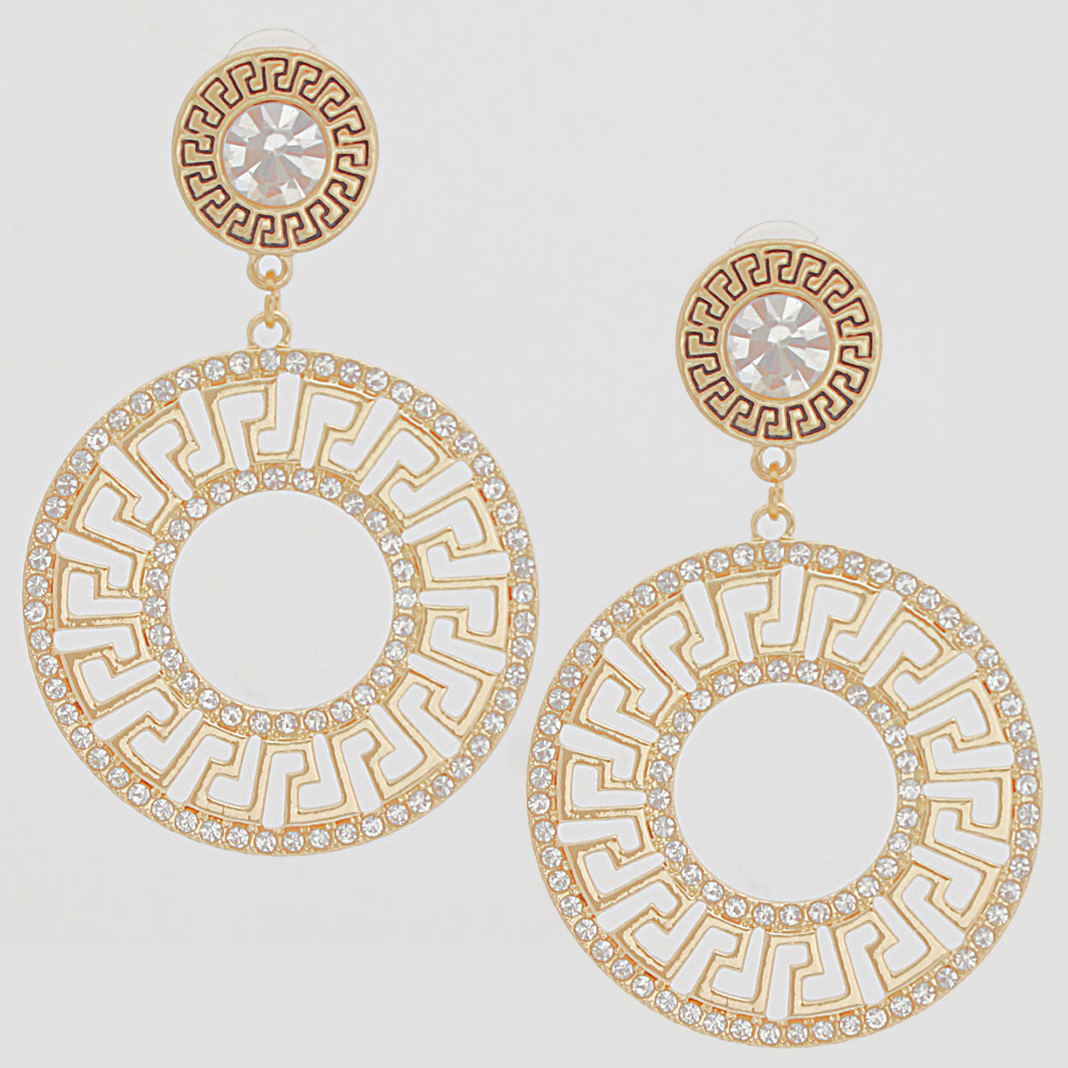 Statement Gold Rhinestone Round Greek Key Earrings Stylish Chic Jewelry