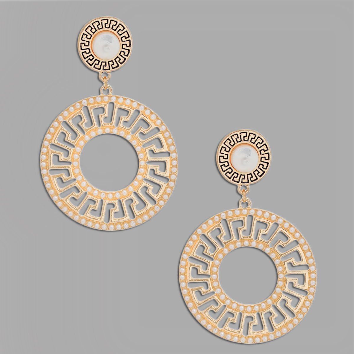 Gold Pearl Greek Key Statement Earrings Elegant Fashion Jewelry
