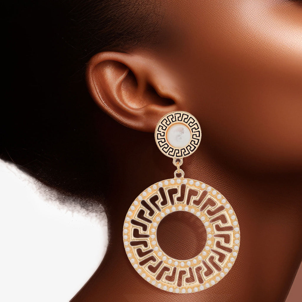 Gold Pearl Greek Key Statement Earrings Elegant Fashion Jewelry