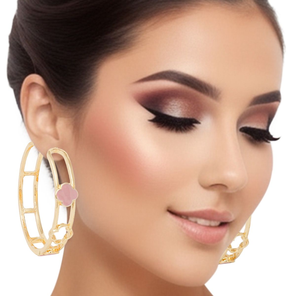 Wide Gold Hoop Earrings with Pink Clover Accent for Women – Stylish Statement Jewelry