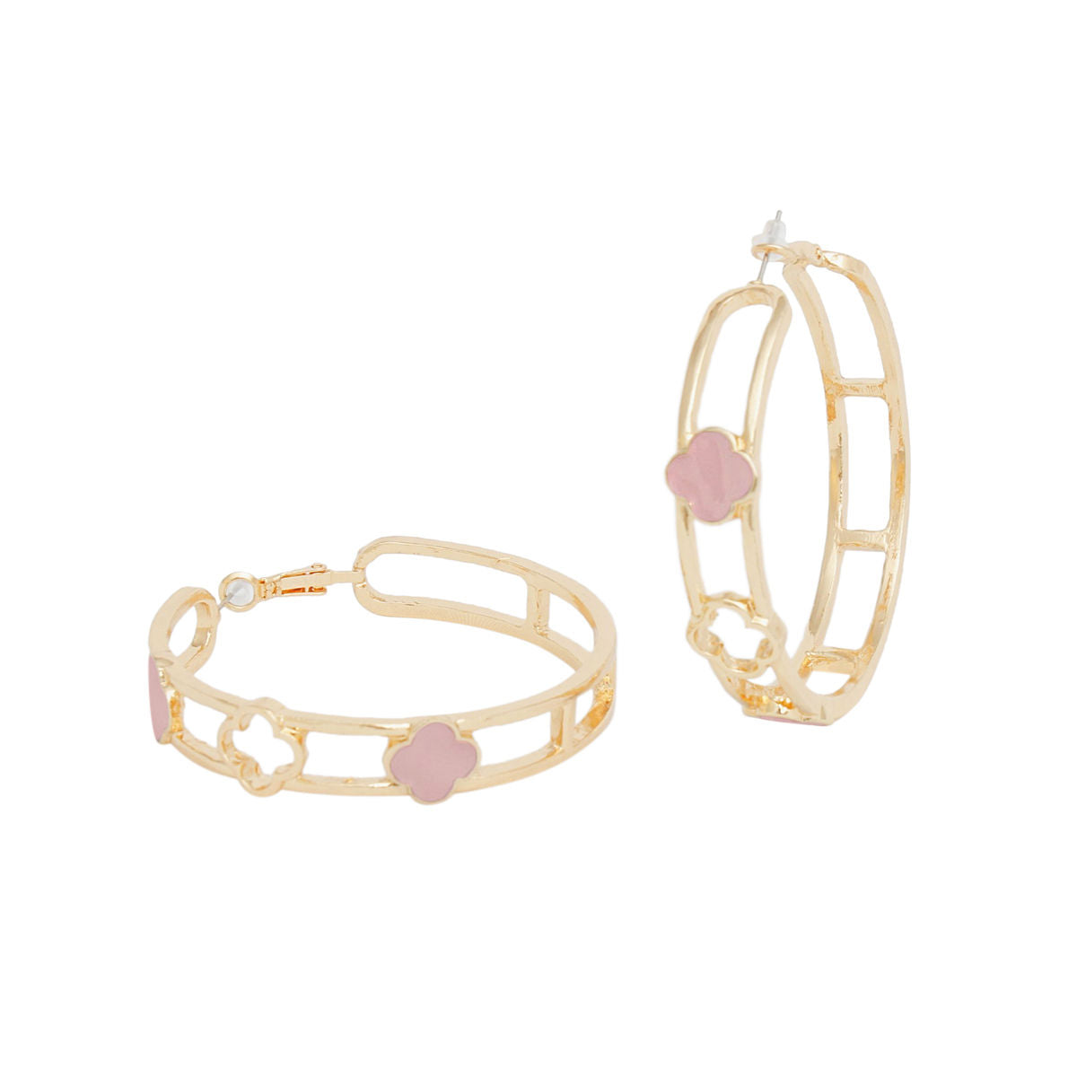 Wide Gold Hoop Earrings with Pink Clover Accent for Women – Stylish Statement Jewelry