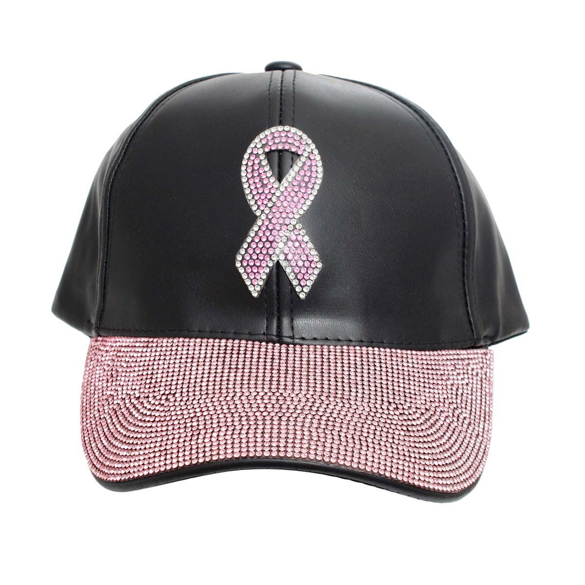 Fashion Hat Black Leather with Pink Ribbon Stylish Accessory