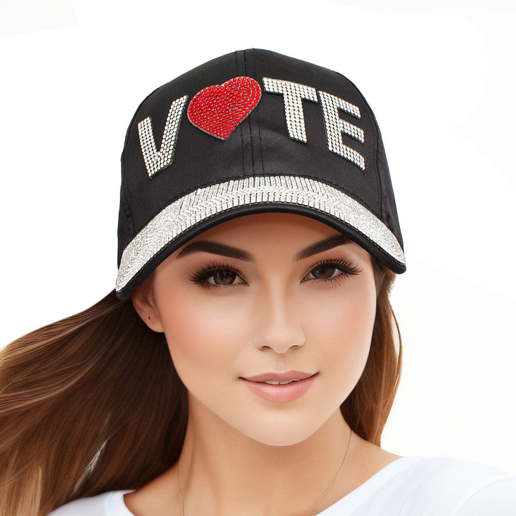 Women’s Black Satin Rhinestone VOTE Baseball Cap Stylish Casual Hat