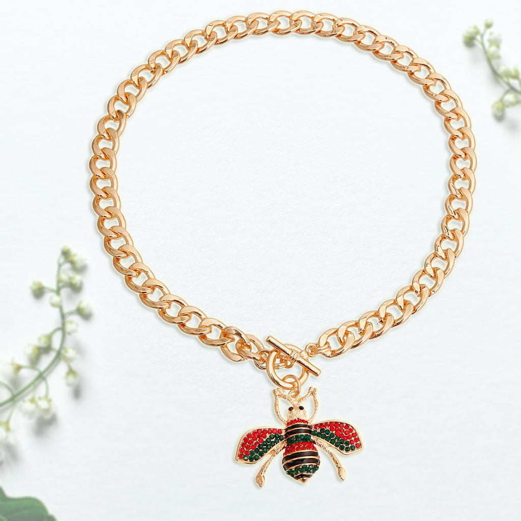 Statement Necklace with Red and Green Bee Toggle Pendant, 2 Inch Stylish Jewelry Accessory