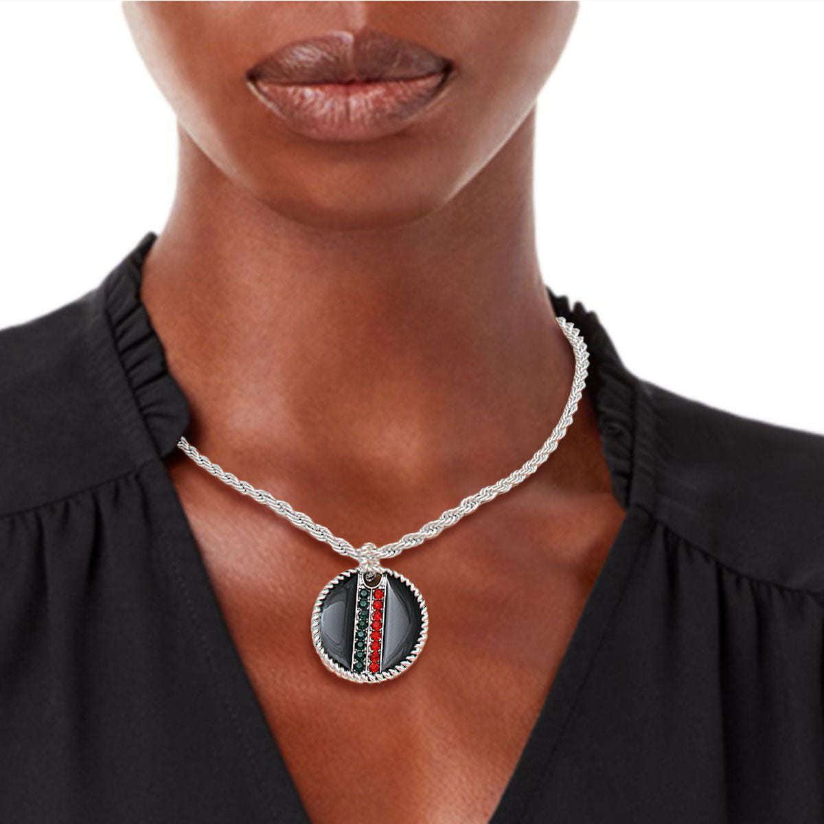 Pendant Necklace with Black Stripe and Silver Twisted Chain, Stylish Fashion Jewelry
