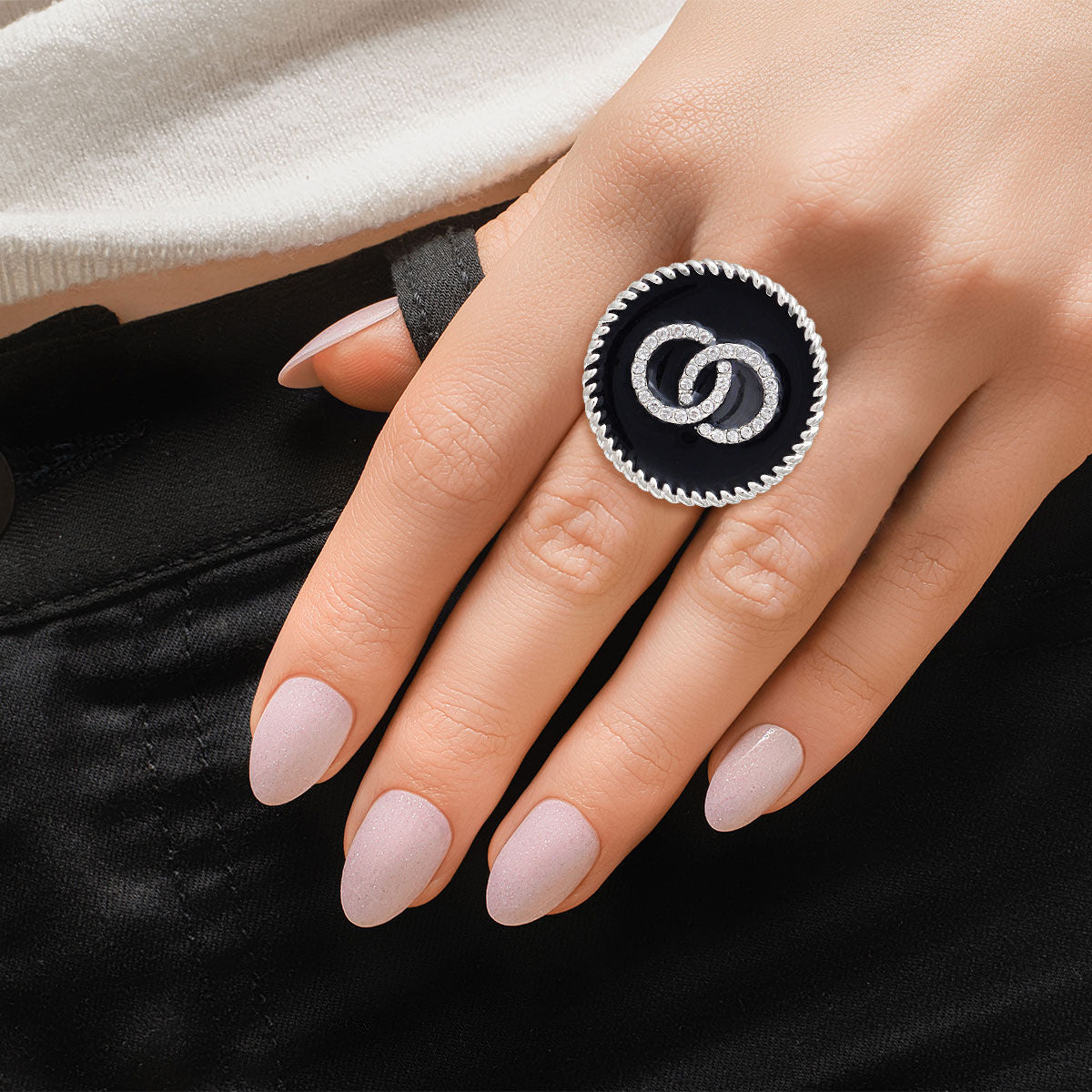 Silver Infinity Charm Ring Black Stylish Fashion Jewelry