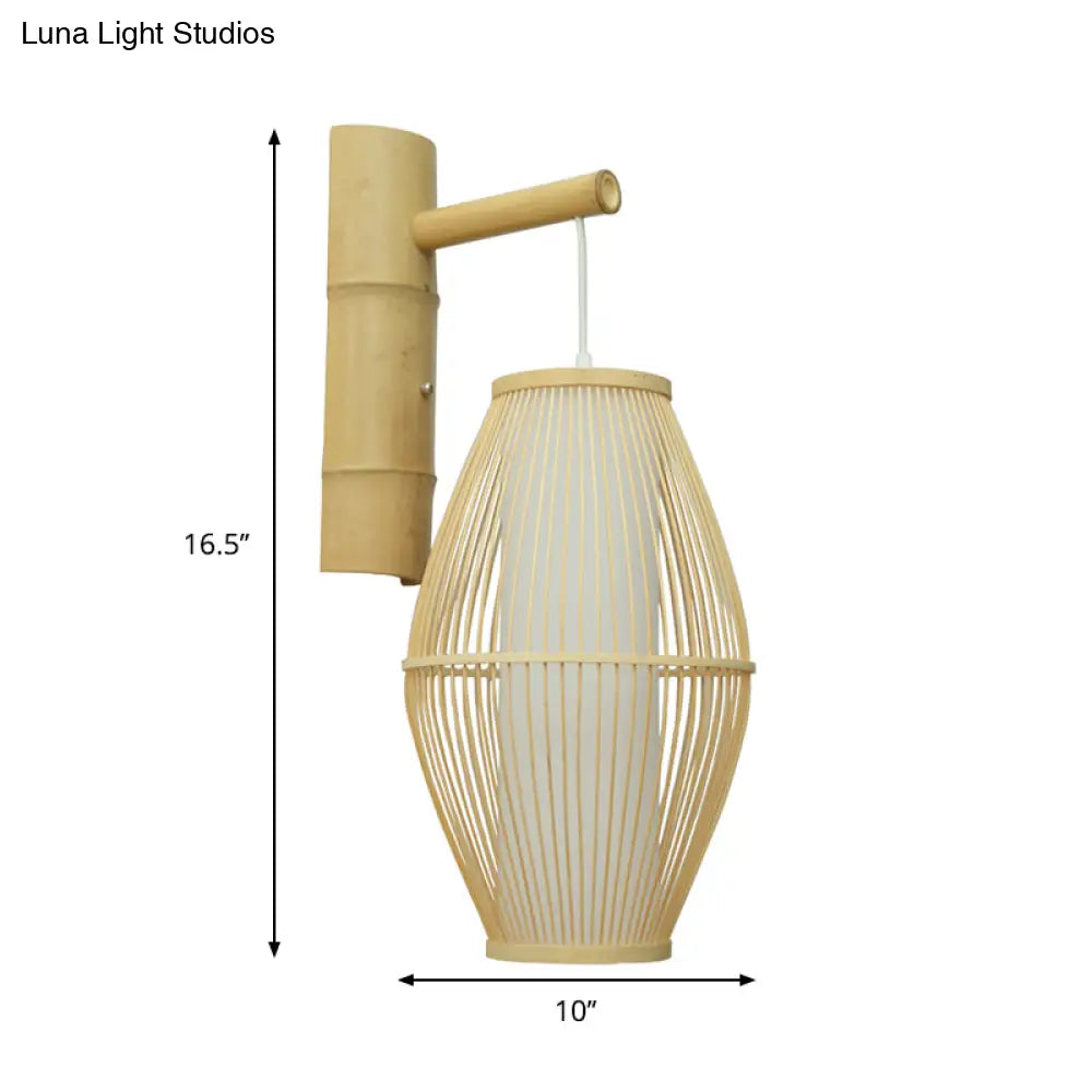 DecorBites™ Oriental Oval Wall Light Sconce with Bamboo Lantern Design - 1-Light Beige Wall Lamp