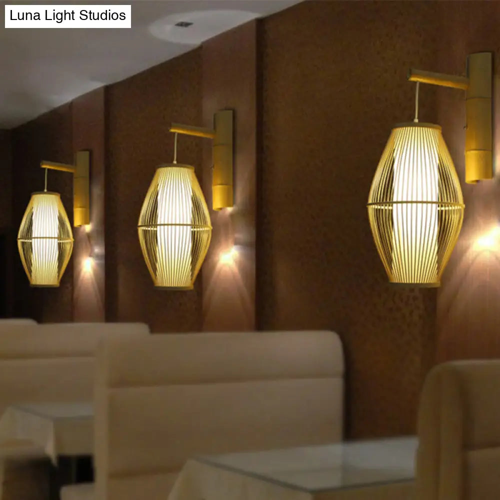 DecorBites™ Oriental Oval Wall Light Sconce with Bamboo Lantern Design - 1-Light Beige Wall Lamp