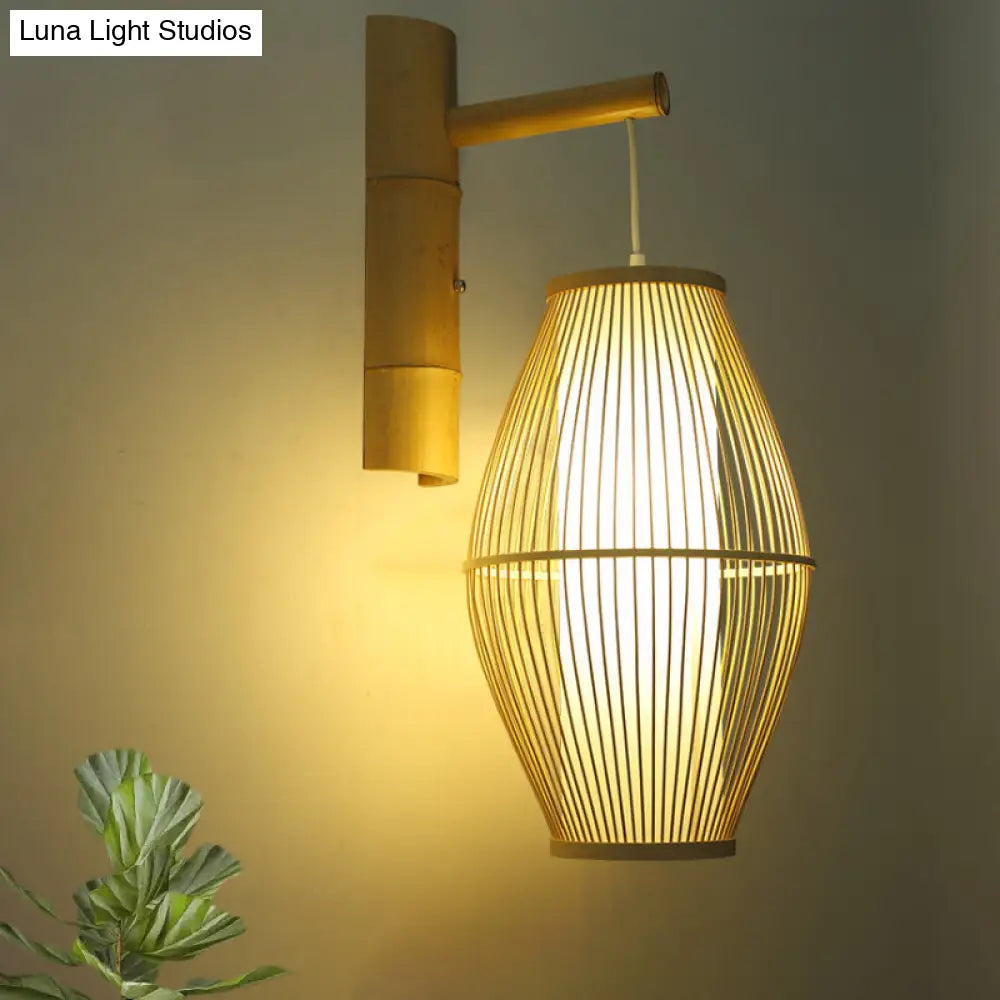 DecorBites™ Oriental Oval Wall Light Sconce with Bamboo Lantern Design - 1-Light Beige Wall Lamp