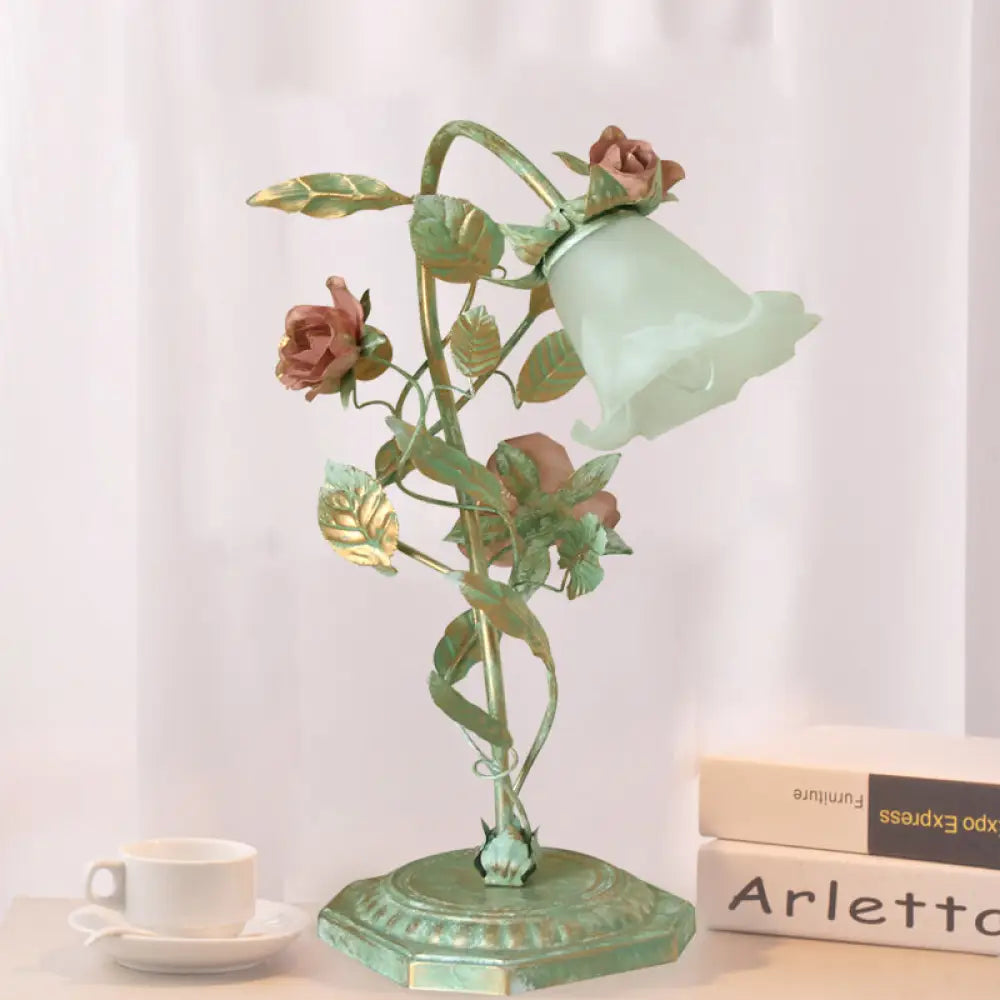 DecorBites™ Pastoral Metal Flared Nightstand Lamp with Flower Decoration - Green