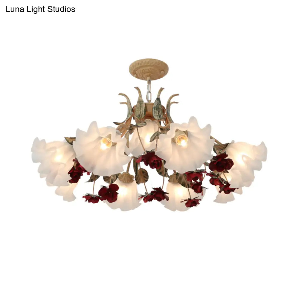 DecorBites™ Pastoral Red Floral Glass Chandelier for Living Room Ceiling Lighting